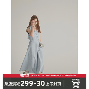 三十三ocean-dream浅蓝色v领连衣裙夏露腰设计感高级感长裙子