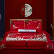 新婚庆(新婚庆)床上用品，大红色全棉贡缎四件套，婚礼喜庆床品六件套结婚被套