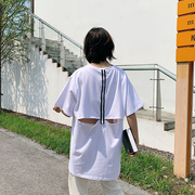 露背t恤女2024夏韩国中长款宽松纯棉短袖上衣心机设计感后背镂空