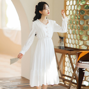 法式文艺白色长袖连衣裙2024秋季中长裙子仙气超仙森系甜美小个子