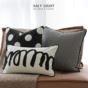 现代简约抽象黑白抱枕客厅沙发靠枕毛巾绣波点靠垫样板房腰枕