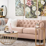 美式布艺沙发简约现代客厅，小户型轻奢丝绒复古拉扣粉色三人位沙发