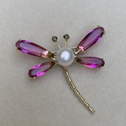 11mm极亮无瑕天然白色珍珠胸针胸花10绝美蜻蜓水晶金色紫红色-