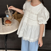 女童泡泡袖花边公主衬衫2023洋气儿童夏季纯棉短袖上衣娃娃衫