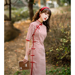 格子旗袍新中式夏季年轻款少女复古民国女装改良学生小个子连衣裙