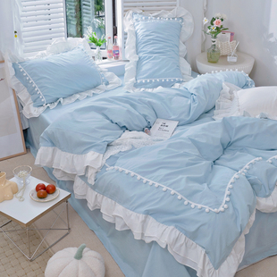北欧ins蓝色100全棉床单被套，床上四件套公主风，纯棉网红床品床笠款