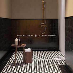 小火柴法式小香黑花砖复古浴室，线条瓷砖卫生间防滑地板砖厨房厕所