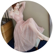 裙子2020年夏天显瘦长裙淑女气质网纱雪纺收腰女纯粉色连衣裙