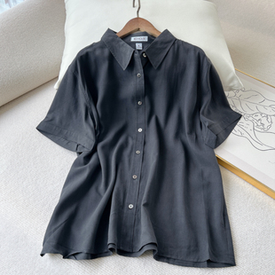 重磅真丝绢纺女士夏季短袖衬衫，纯黑色桑蚕丝衬衣上衣基础款休闲