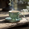 绿色复古咖啡杯釉下彩浮雕，高脚陶瓷杯碟，诧寂风设计师款小众设计感