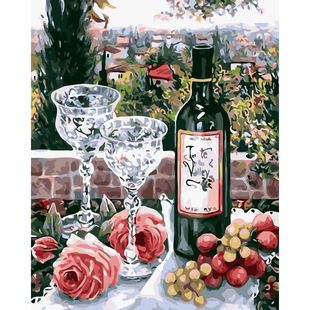 diy数字油画自己填色材料包欧式(包欧式)葡萄，美红酒高脚杯餐厅厨房装饰画