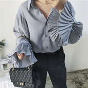 韩代订单2023春韩版宽松褶皱喇叭袖雪纺衬衫女设计感小众洋气上衣