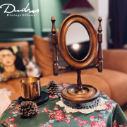 ins风法式中古镜子实木化妆镜台式桌面装饰可立女生卧室梳妆镜