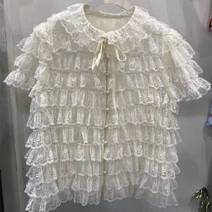 短袖蕾丝衫夏季娃娃领蝴蝶，结网纱白色，气质短袖上衣配吊带背心