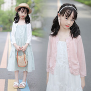 女童韩版针织开衫超薄防晒衣，2023九分袖蕾丝洋气空调衫小外套