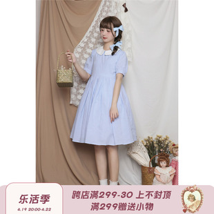 labeau-春水煎茶-爱丽丝可爱日系小清新短袖格子，娃娃领连衣裙女