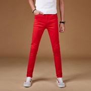 个性红色牛仔裤男修身弹力小脚裤韩版气质显瘦男裤子帅气男生长裤