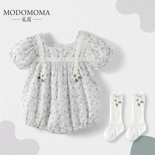 婴儿衣服夏装女宝宝短袖雪纺，碎花包屁连体，哈衣爬服满月周岁外出服