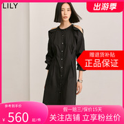 LILY2024夏女装气质通勤款时尚设计感露肩收腰连衣裙小黑裙女