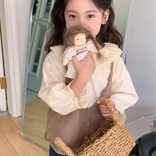 童套装韩版童装2024春款女童毛线马甲娃娃领衬衫两件套儿童衣服