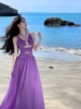绝美紫色深v挂脖吊带镂空连衣裙雪纺沙滩裙海边度假气质飘逸长裙