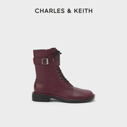 charles&keith秋冬女靴，sl1-91790002女士金属，扣带系带马丁靴女鞋