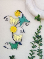 田园复古风格蝴蝶铁艺，做旧墙饰黄绿花朵，立体组合壁饰花园阳台挂件