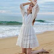 白色灯笼袖领连衣裙夏季刺绣镂空长袖减龄显瘦小白裙女976常规袖