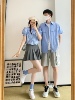 陈皮味的夏天 情侣装蓝色短袖衬衫中国风灰色短裤卫裤灰色百褶裙