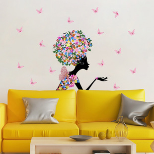 粉色蝴蝶花朵头发女孩，卧室贴纸画af5681跨境花，仙子墙贴