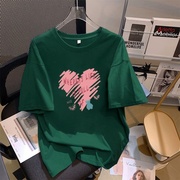 韩系纯棉绿色t恤女短袖2024圆领宽松大码半袖设计感小众上衣