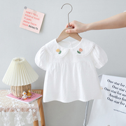 女童蕾丝翻领短袖衬衫夏装婴儿，纯棉上衣儿童衬衣女宝宝娃娃衫清新