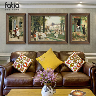 欧式客厅油画人物装饰画沙发背景墙，挂画美式大气三联画高端壁画