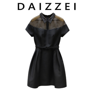daizzei~气质短袖小黑裙，2022夏欧根纱，拼接翻领收腰a字连衣裙