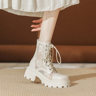 海伦馆马丁靴女夏季薄款2023夏天网(夏天网)纱短靴女透气凉靴白色靴子