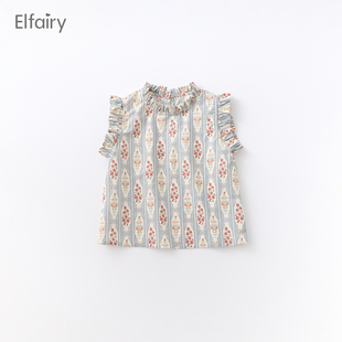 elfairy女童夏装短袖，田园风儿童上衣2024女宝宝，无袖衬衣洋气