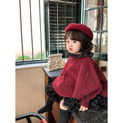 韩国童装女童毛衣秋冬装洋气纯色，钩花针织长袖上衣斗篷套头外套