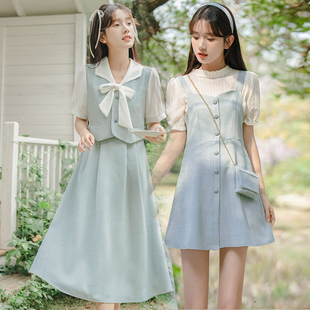 法式小香风假两件套装连衣裙子姐妹闺蜜装夏季学生学院风气质显瘦