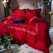四六七刺绣婚礼欧式正红色，纯色全棉60支长绒棉婚庆床上用品件套