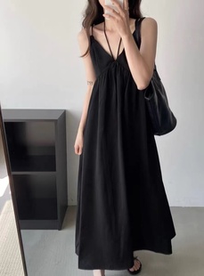 山本耀司黑色连衣裙女夏显瘦高级感气质纹理，垂感v领吊带长裙