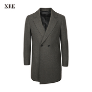 XEE商场同款 男士冬季绿色西装领双排单粒扣绵羊毛中长款毛呢大衣