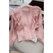 潮流高货春装法式气质复古荷叶，边粉色领衬衫，女长袖雪纺拼接短款针
