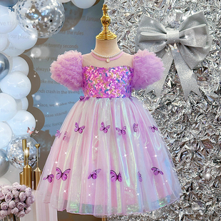 女童公主裙夏装儿童带蝴蝶翅膀，洋气连衣裙宝宝，表演泡泡袖礼服纱裙