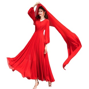 大红色雪纺沙滩裙超长款春季连衣裙海边度假长袖大摆超仙长裙