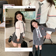 女童韩版洋气学院风衬衫+百搭短裙+小西装外套三件套装