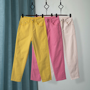 彩色休闲裤女裤子，夏季舒适透气粉色珍珠棉牛仔裤，宽松显瘦哈伦裤