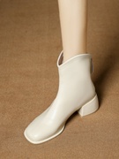 短靴女2023秋冬瘦瘦单靴白色，高跟踝靴粗跟后拉链英伦风马丁靴
