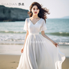 白色蕾丝短袖连衣裙v领长裙，海边度假沙滩裙，沙漠裙高端精致礼服裙