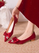婚鞋女平底2023年新娘敬酒鞋秀禾服两穿粗跟孕妇，不累脚婚礼鞋