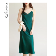 重磅真丝吊带裙 高品质桑蚕丝 V领长裙墨绿色吊带连衣裙女